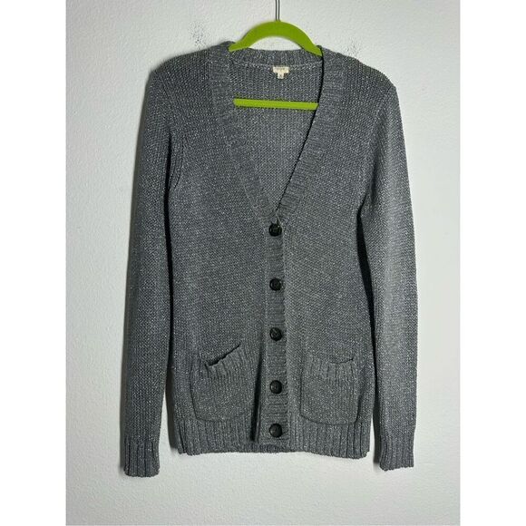 J.Crew Metallic Silver Knit Sweater Cardigan Shiny Glam Pockets V Neck Sz M - Picture 1 of 11